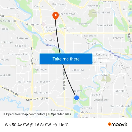 Wb 50 Av SW @ 16 St SW to UofC map