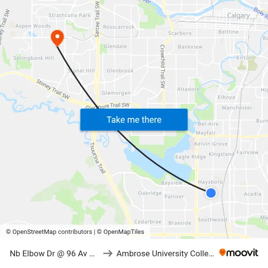 Nb Elbow Dr @ 96 Av SW to Ambrose University College map