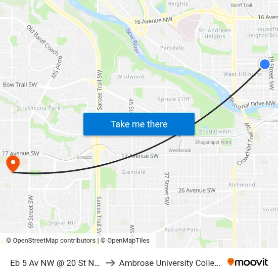 Eb 5 Av NW @ 20 St NW to Ambrose University College map