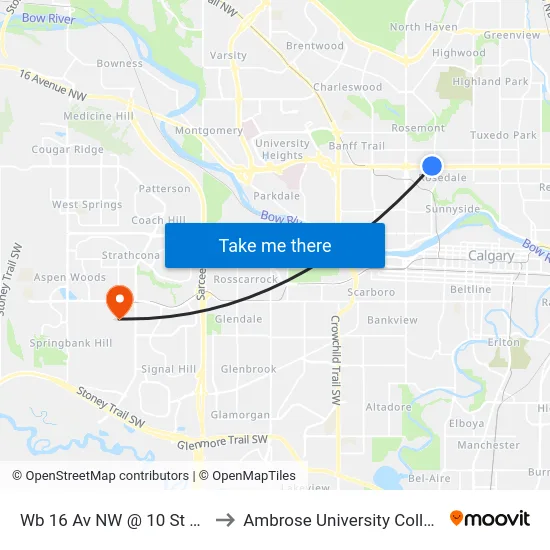 Wb 16 Av NW @ 10 St NW to Ambrose University College map
