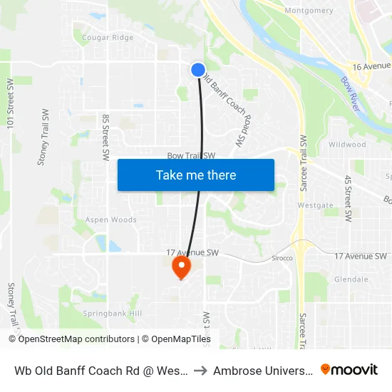 Wb Old Banff Coach Rd @ West Springs Ga SW to Ambrose University College map