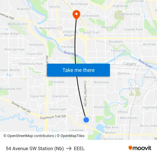 54 Avenue SW Station (Nb) to EEEL map