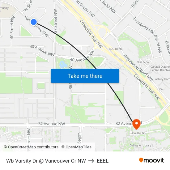 Wb Varsity Dr @ Vancouver Cr NW to EEEL map