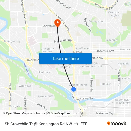 Sb Crowchild Tr @ Kensington Rd NW to EEEL map