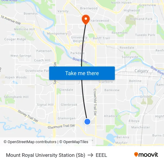 Mount Royal University Station (Sb) to EEEL map
