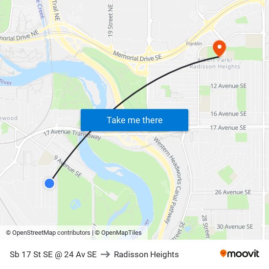 Sb 17 St SE @ 24 Av SE to Radisson Heights map