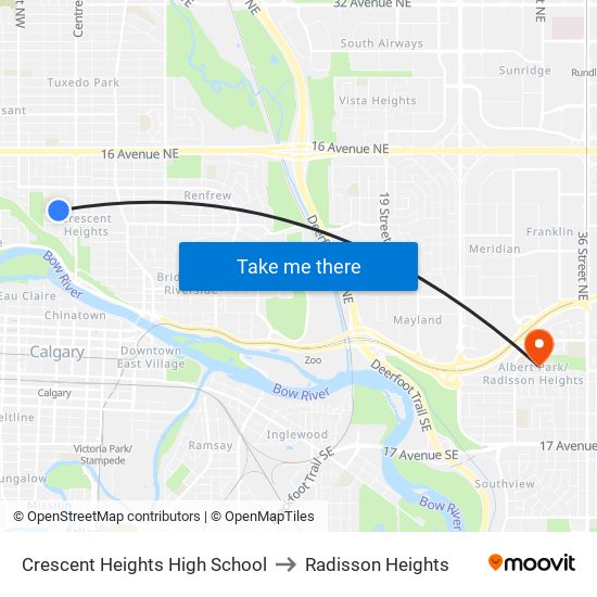 Crescent Heights High School to Radisson Heights map