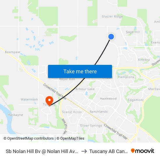 Sb Nolan Hill Bv @ Nolan Hill Ave NW to Tuscany AB Canada map