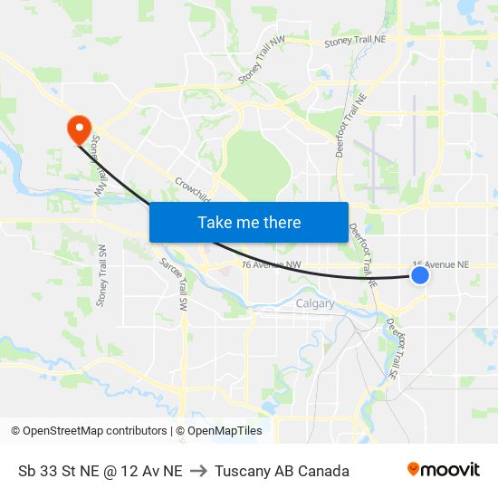 Sb 33 St NE @ 12 Av NE to Tuscany AB Canada map