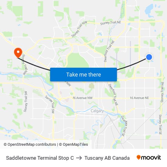 Saddletowne Terminal Stop C to Tuscany AB Canada map