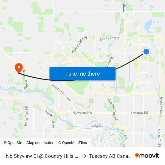 Nb Skyview Ci @ Country Hills Bv to Tuscany AB Canada map