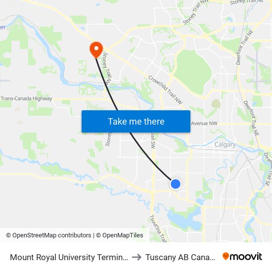 Mount Royal University Terminal to Tuscany AB Canada map