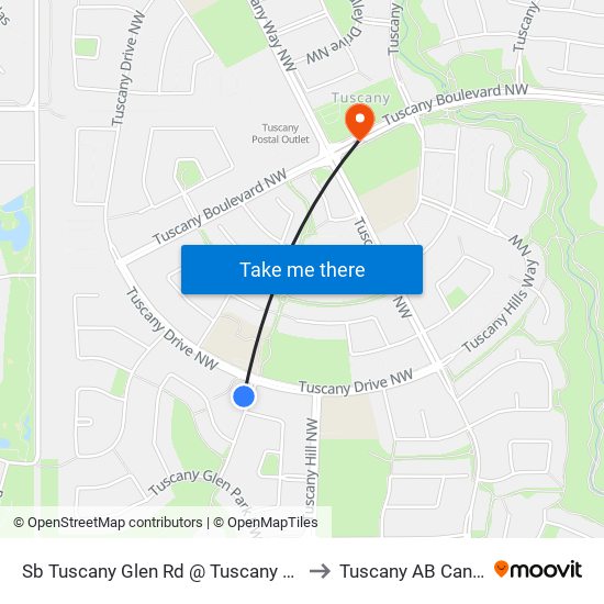 Sb Tuscany Glen Rd @ Tuscany Dr NW to Tuscany AB Canada map
