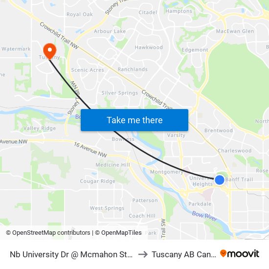 Nb University Dr @ Mcmahon Stadium to Tuscany AB Canada map