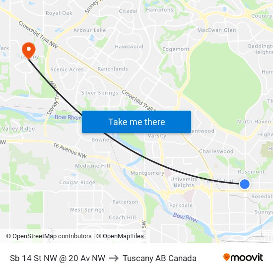 Sb 14 St NW @ 20 Av NW to Tuscany AB Canada map