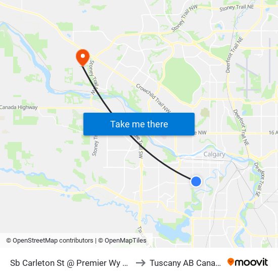 Sb Carleton St @ Premier Wy SW to Tuscany AB Canada map