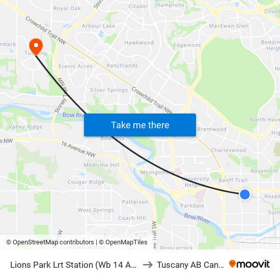 Lions Park Lrt Station (Wb 14 Av Nw) to Tuscany AB Canada map