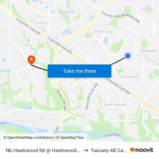 Nb Hawkwood Rd @ Hawkwood Wy NW to Tuscany AB Canada map