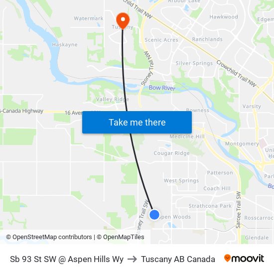 Sb 93 St SW @ Aspen Hills Wy to Tuscany AB Canada map