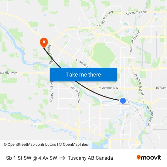 Sb 1 St SW @ 4 Av SW to Tuscany AB Canada map