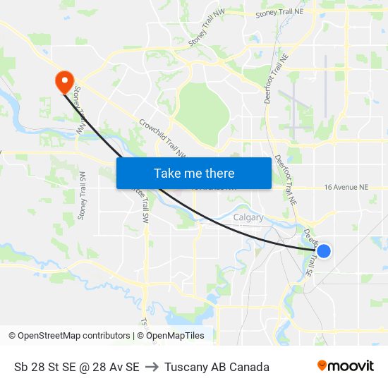 Sb 28 St SE @ 28 Av SE to Tuscany AB Canada map