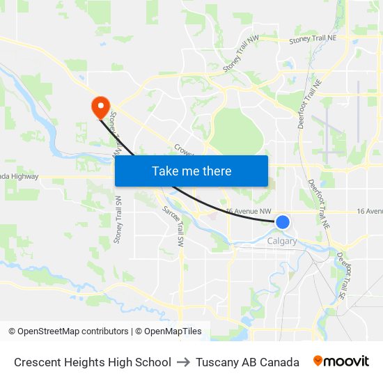 Crescent Heights High School to Tuscany AB Canada map