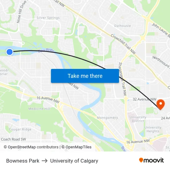 Bowness Park to University of Calgary map