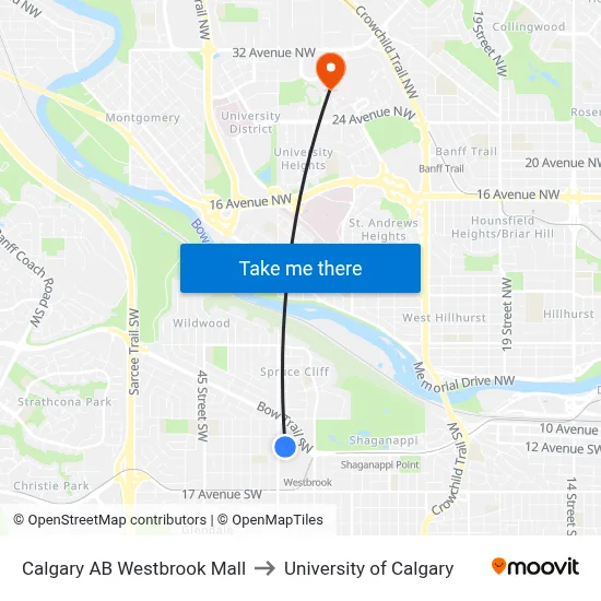 Calgary AB Westbrook Mall to University of Calgary map