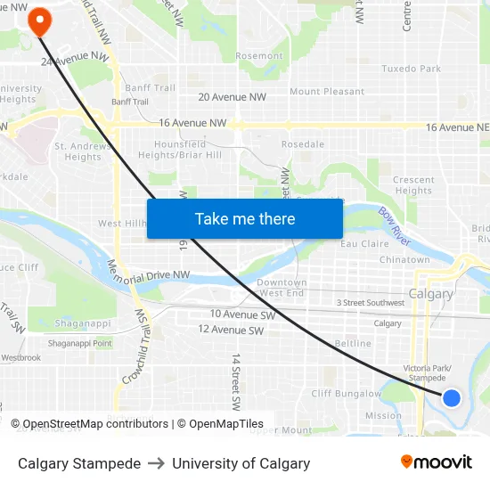 Calgary Stampede to University of Calgary map