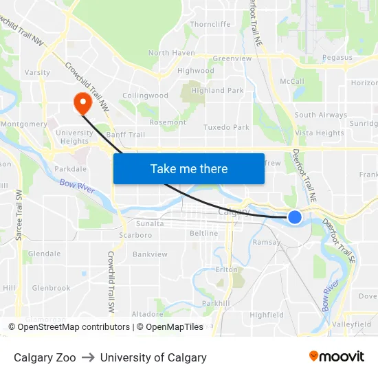 Calgary Zoo to University of Calgary map