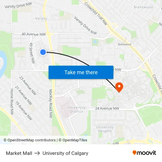 Market Mall to University of Calgary map