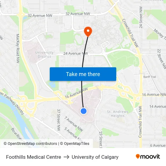 Foothills Medical Centre to University of Calgary map