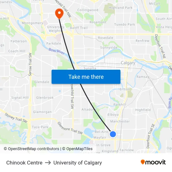 Chinook Centre to University of Calgary map