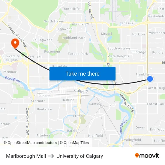 Marlborough Mall to University of Calgary map