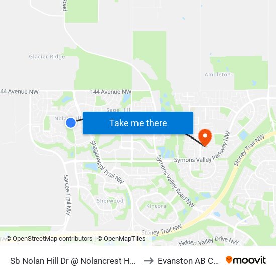 Sb Nolan Hill Dr @ Nolancrest Heights NW to Evanston AB Canada map