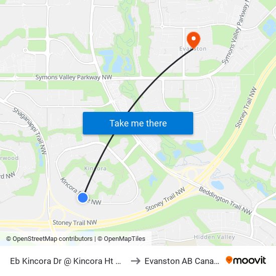 Eb Kincora Dr @ Kincora Ht NW to Evanston AB Canada map