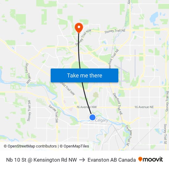 Nb 10 St @ Kensington Rd NW to Evanston AB Canada map