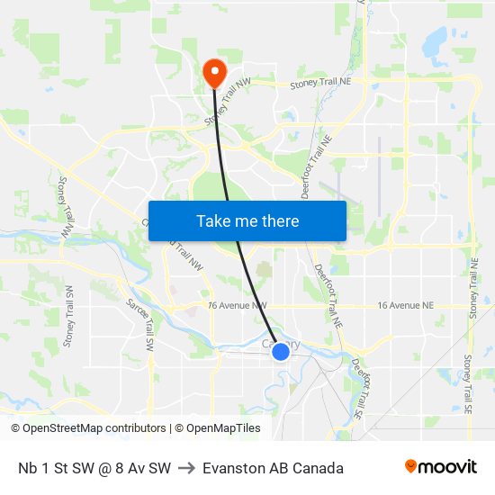 Nb 1 St SW @ 8 Av SW to Evanston AB Canada map