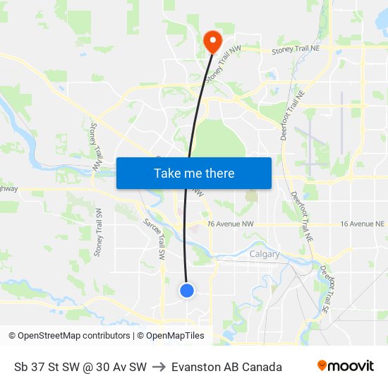 Sb 37 St SW @ 30 Av SW to Evanston AB Canada map