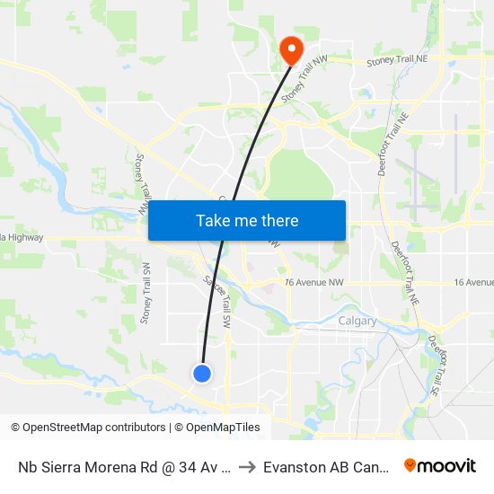 Nb Sierra Morena Rd @ 34 Av SW to Evanston AB Canada map