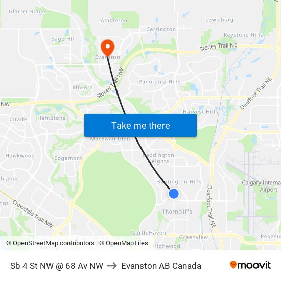 Sb 4 St NW @ 68 Av NW to Evanston AB Canada map