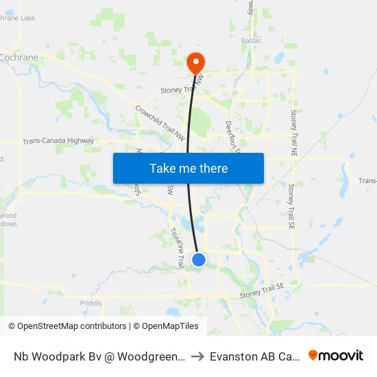 Nb Woodpark Bv @ Woodgreen Dr SW to Evanston AB Canada map