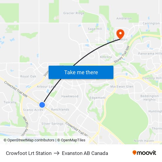 Crowfoot Lrt Station to Evanston AB Canada map