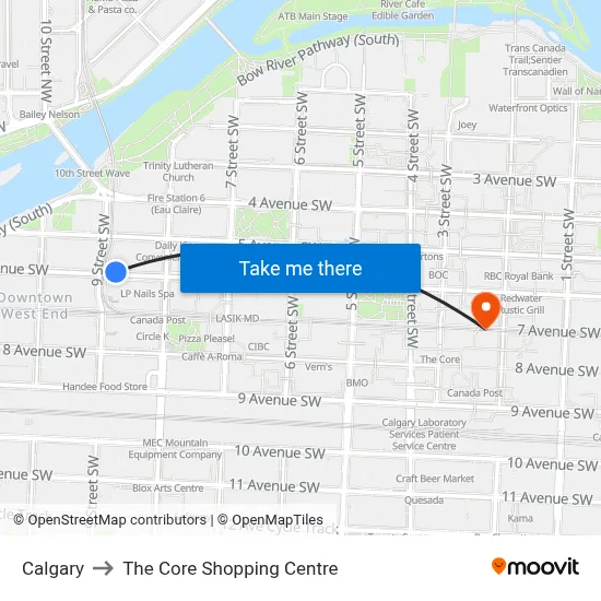 Calgary to The Core Shopping Centre map