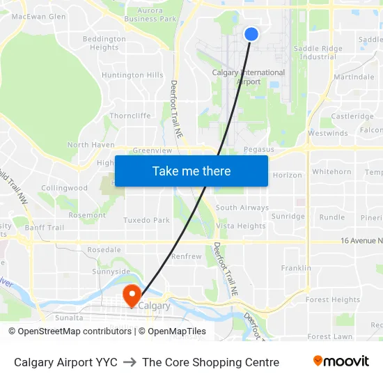 Calgary Airport YYC to The Core Shopping Centre map