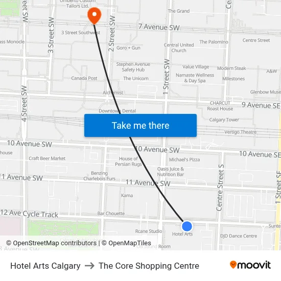 Hotel Arts Calgary to The Core Shopping Centre map