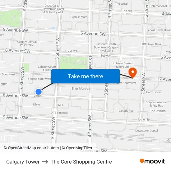 Calgary Tower to The Core Shopping Centre map