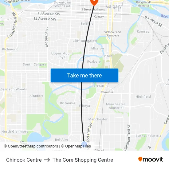 Chinook Centre to The Core Shopping Centre map