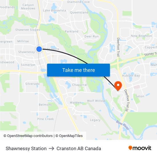 Shawnessy Station to Cranston AB Canada map