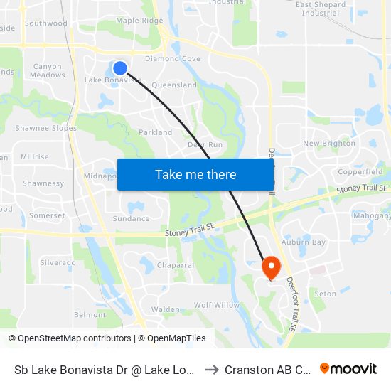 Sb Lake Bonavista Dr @ Lake Louise Wy SE to Cranston AB Canada map